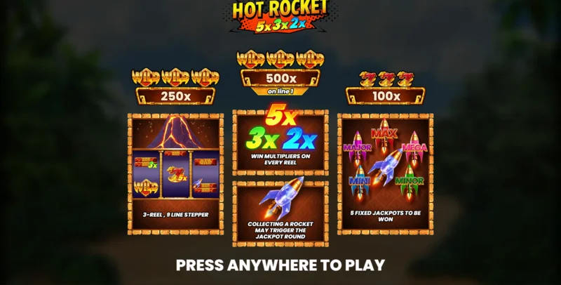 Hot Rocket 5x 3x 2x - menu chính với các cuộn và nút khởi động